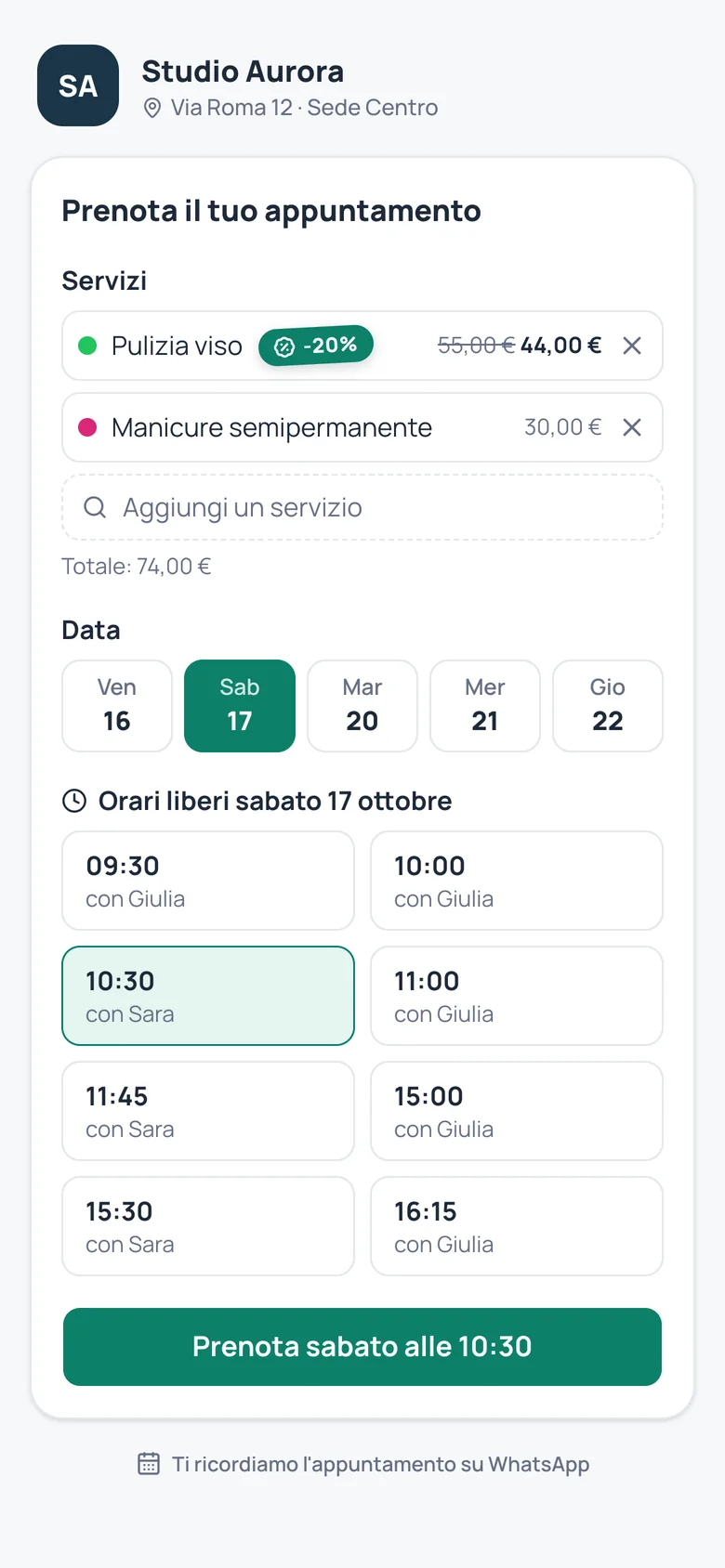 La pagina di prenotazione vista dal telefono di un cliente: servizi scelti con il prezzo in promozione, il giorno e gli orari liberi